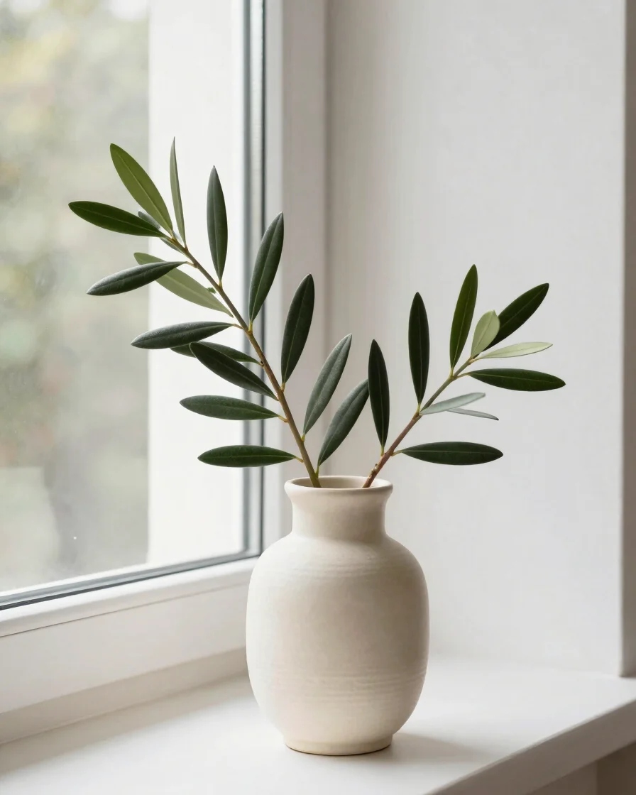 Editorial portrait of a single stem of foliage resting in a creamy studio ceramic vessel beside a window, soft natural d