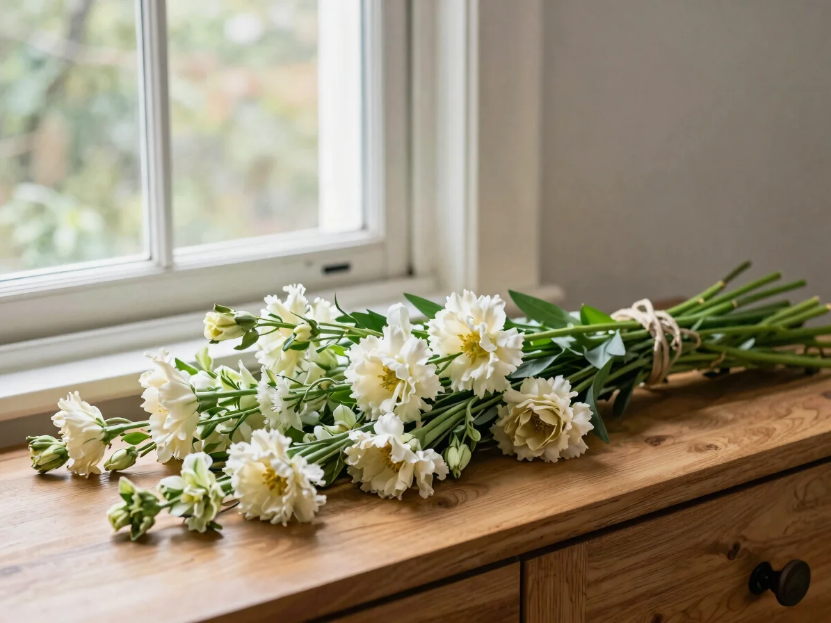 Editorial floral photography, a loose arrangement of cream and soft green stems on a wooden sideboard beside a window, s