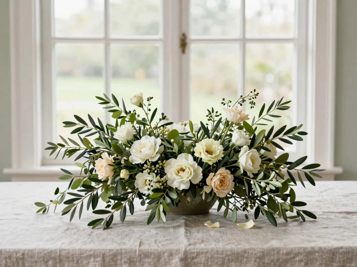 Editorial floral photography, a low botanical centerpiece of olive greens and petal tints on a linen-covered dining tabl