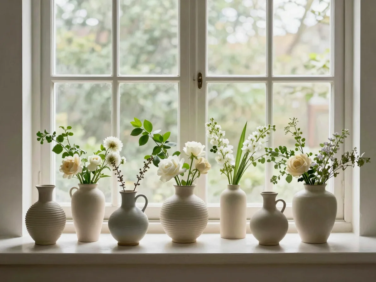 Editorial floral photography, a small collection of ceramic vessels and a single branch arranged on a neutral shelf, sof