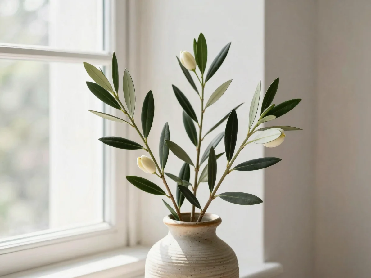 Editorial close-up of a bare branch with fresh olive-green leaves rising from a textured unglazed earthenware vessel, so
