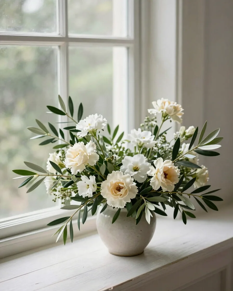 Editorial floral photography, soft window daylight, fresh green and creamy whites, natural color, 50mm lens. A focused p