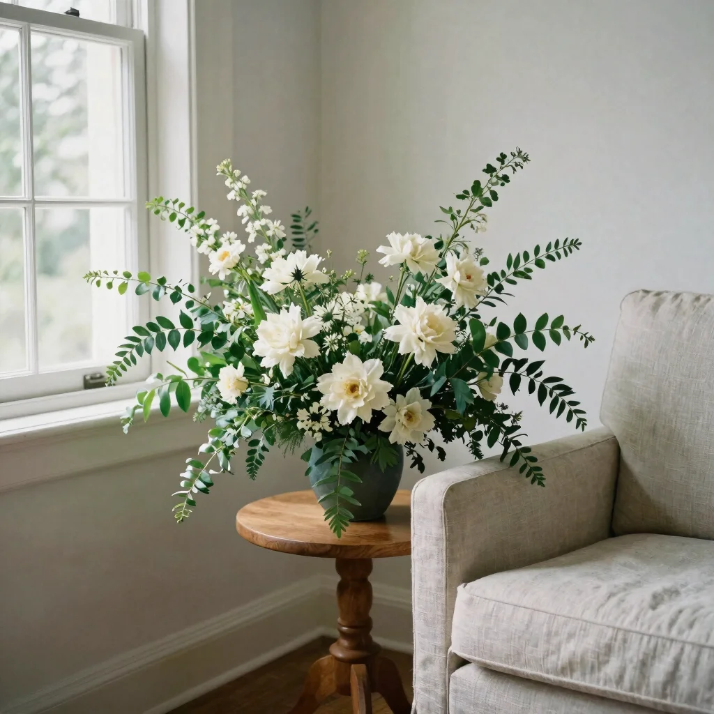 Editorial interior corner with a loose botanical arrangement beside a linen-covered armchair and a warm wood side table,