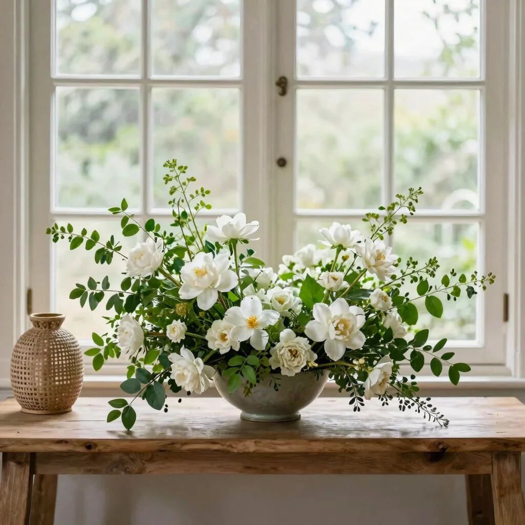 Editorial floral photography of white petal blooms and green foliage arranged on a low oak console beside a woven decora