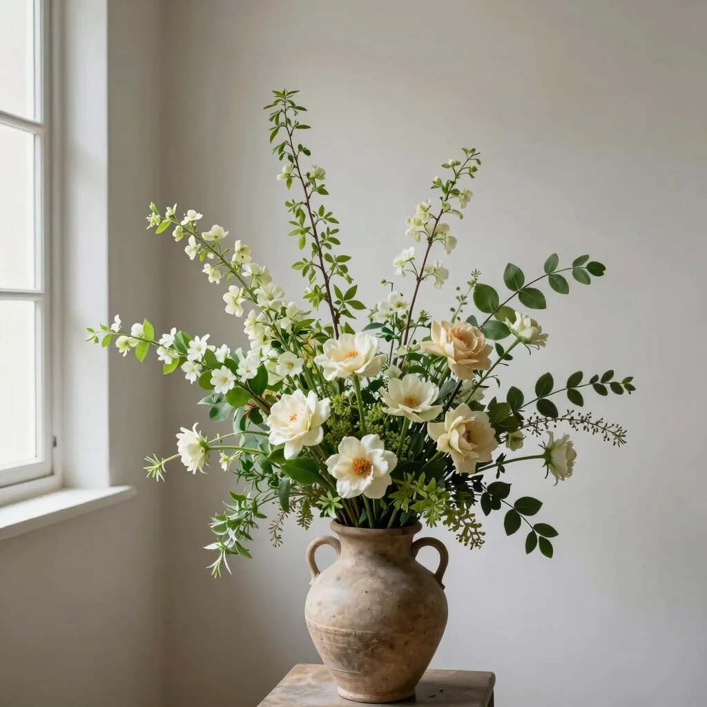 Editorial interior shot of a tall branch arrangement in a matte earthenware vessel placed beside a sunlit plaster wall,