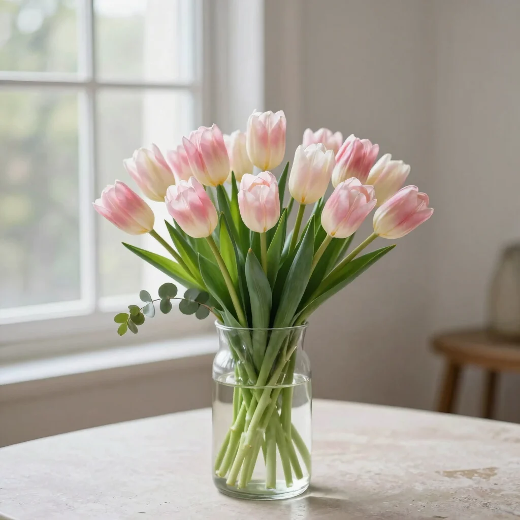 Editorial floral photography of pale pink tulips and eucalyptus in a clear glass vase on a pale stone table, soft window