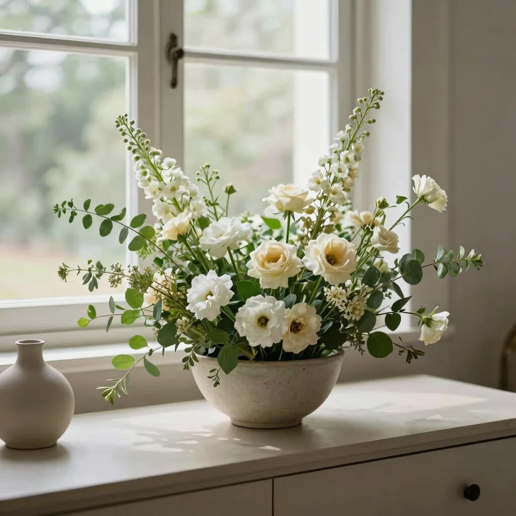 Editorial interior vignette with a bowl of cut stems and a ceramic objet on a neutral sideboard, soft natural light, gen