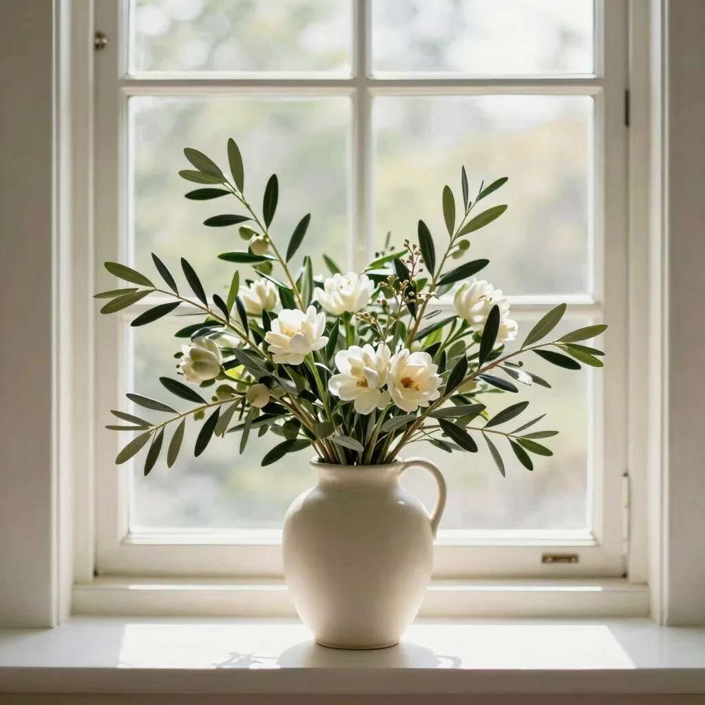 Editorial floral photography of a fresh olive-green branch arrangement in a cream ceramic vase on a sunlit windowsill, s
